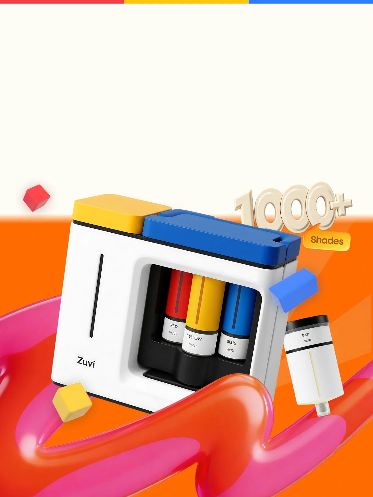 Zuvi ColorBox with red, yellow, and blue ink cartridges, offering 1000+ color shades.